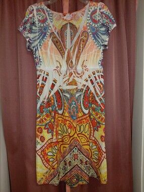 Bohemian Print Midi Dress in Multicolor Rhinestone Vneck Y2k (M)